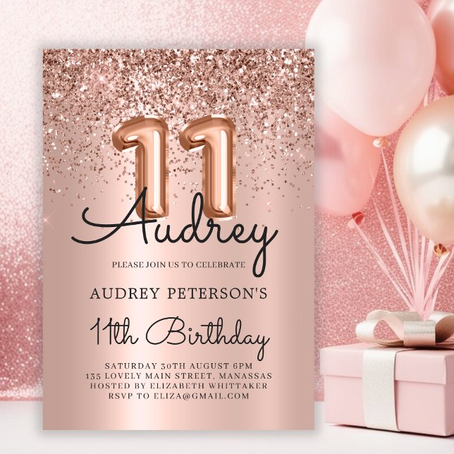 Sparkle Glitter Rose Gold Balloon 11th Birthday  Invitation (Creator Uploaded)