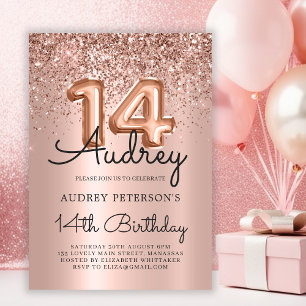 Sparkle Glitter Rose Gold Balloon 14th Birthday  Invitation