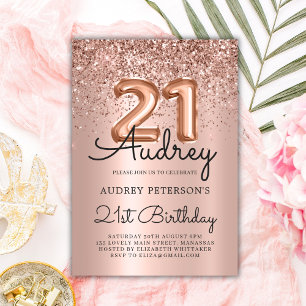 Sparkle Glitter Rose Gold Balloon 21st Birthday Invitation