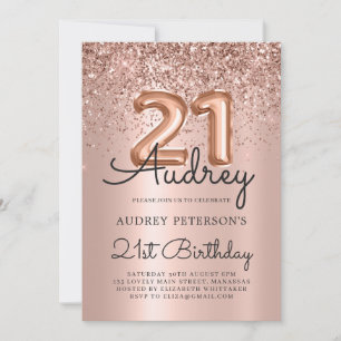Sparkle Glitter Rose Gold Balloon 21st Birthday  Invitation