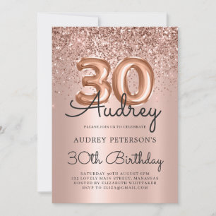 Sparkle Glitter Rose Gold Balloon 30th Birthday  Invitation