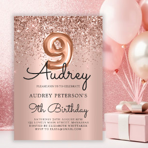 Sparkle Glitter Rose Gold Balloon 9th Birthday  Invitation