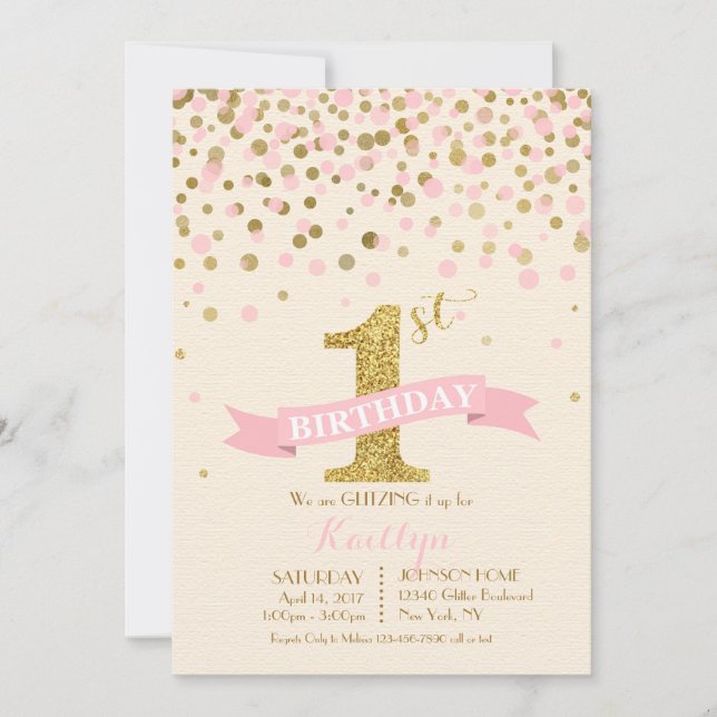 Sparkle Gold and Pink Sprinkles Modern Birthday Invitation (Front)