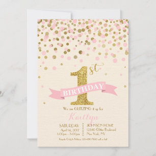 Sparkle Gold and Pink Sprinkles Modern Birthday Invitation