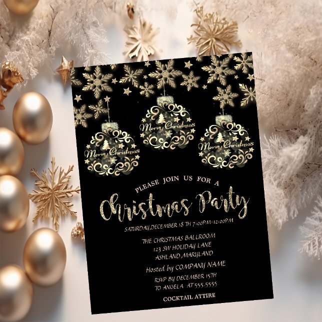 Sparkle Gold Balls Snowflakes Corporate Christmas  Invitation (Creator Uploaded)