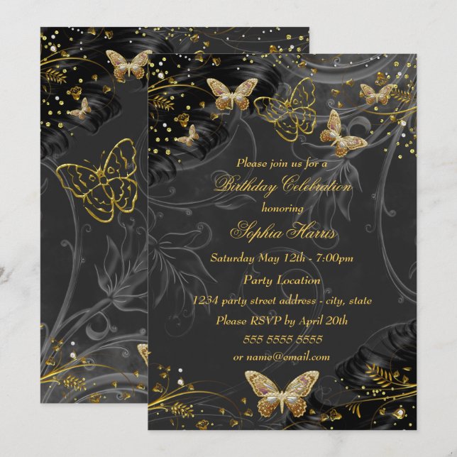 Sparkle Gold Black Butterfly Birthday party Invitation (Front/Back)