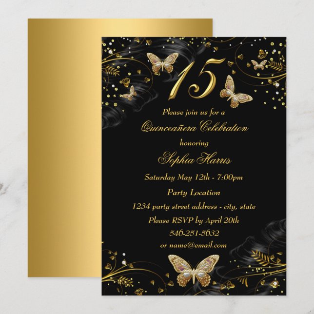 Sparkle Gold Black Butterfly Quinceanera Invite (Front/Back)