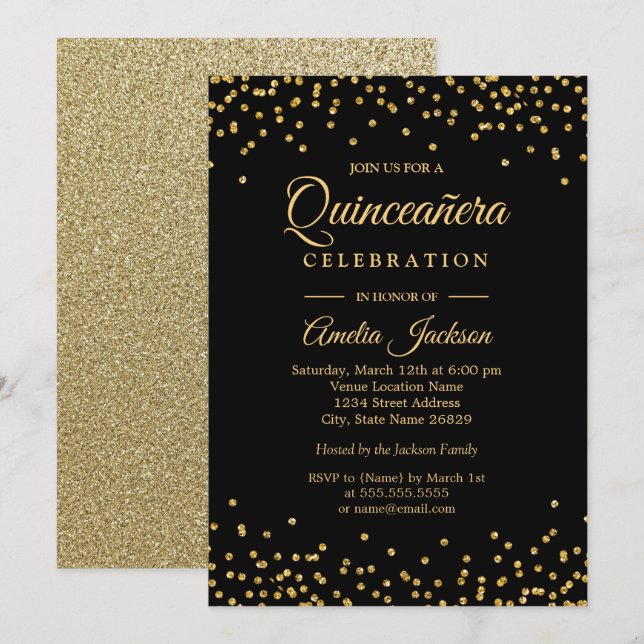 Sparkle Gold Black Confetti Quinceanera Invitation (Front/Back)
