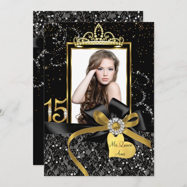 Sparkle Gold Black Lace & Bow Photo Quinceanera Invitation (Front/Back)