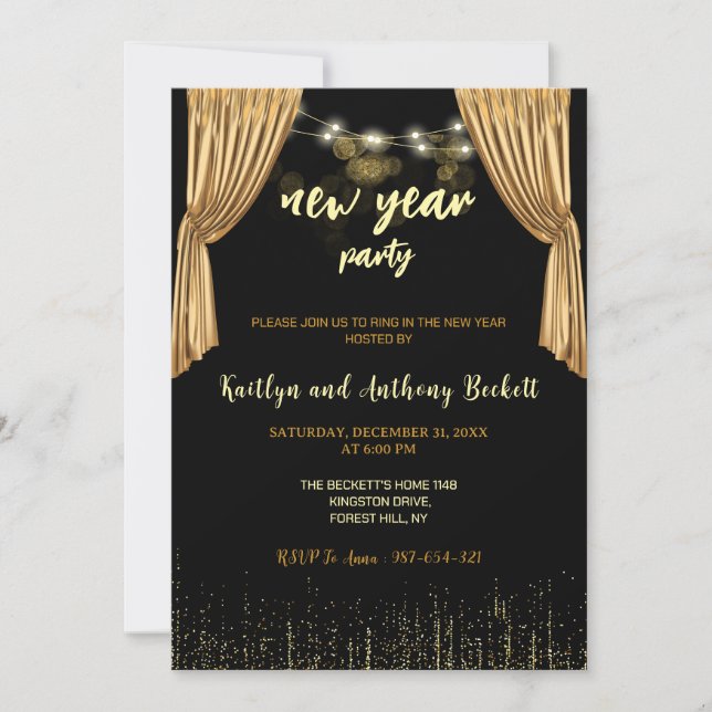 Sparkle Gold Black New Year`s Eve Party  Invitation (Front)