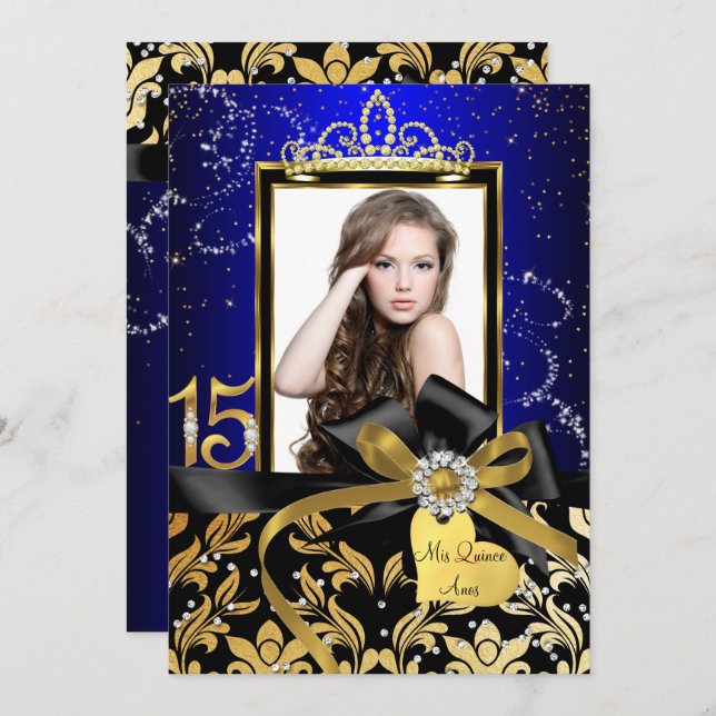 Sparkle Gold Blue Damask Bow Photo Quinceanera Invitation (Front/Back)