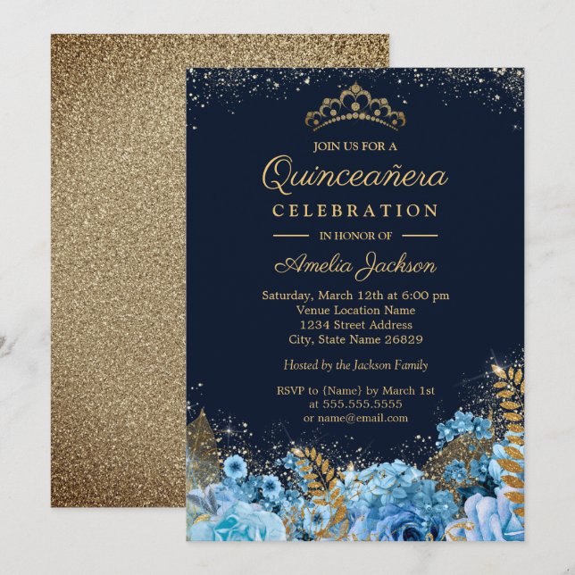Sparkle Gold Blue Glitter floral Quinceanera 15th Invitation (Front/Back)