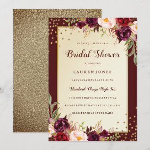 Sparkle Gold Burgundy floral Bridal Shower Invite