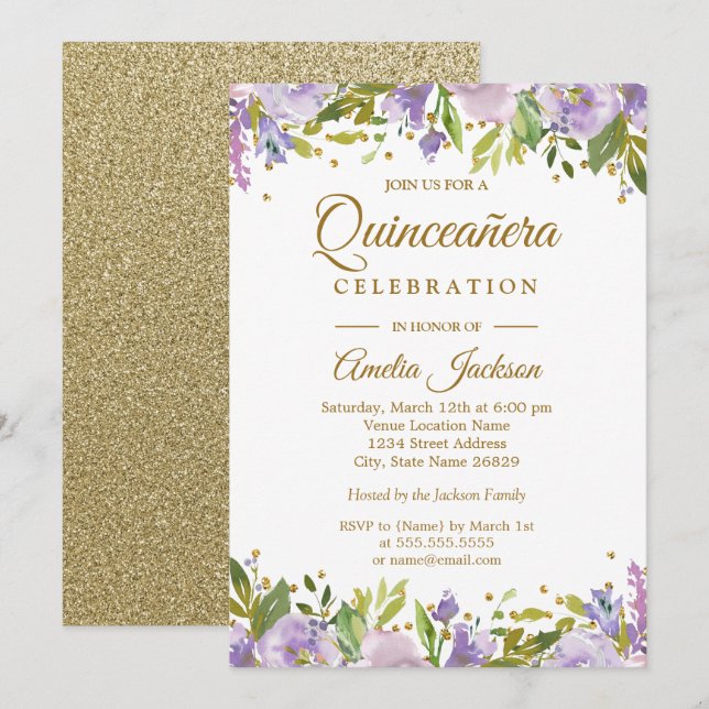 Sparkle Gold Floral Purple Quinceanera Invite (Front/Back)