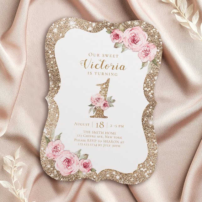 Sparkle gold glitter and pink floral 1st birthday invitation (Sparkle gold glitter and pink floral 1st birthday invitation)