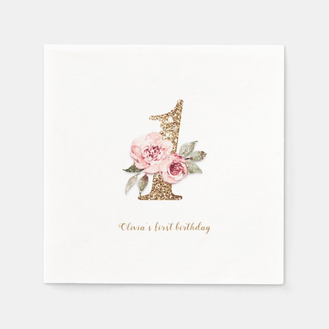 Sparkle gold glitter and pink floral 1st birthday napkin (Front)
