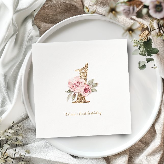 Sparkle gold glitter and pink floral 1st birthday napkin (Sparkle gold glitter and pink floral 1st birthday napkins)
