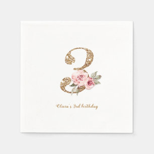 Sparkle gold glitter and pink floral 3rd birthday napkin