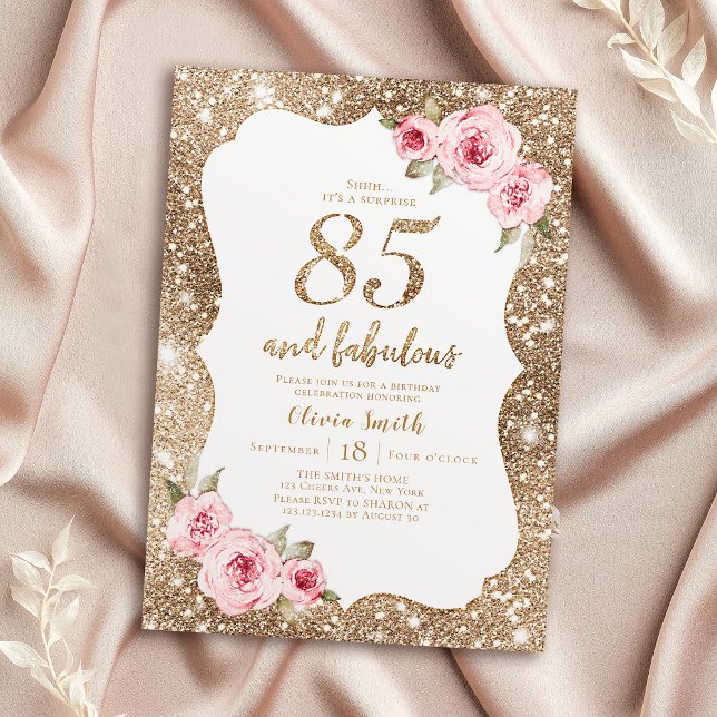 Sparkle gold glitter and pink floral 85th birthday invitation (Sparkle gold glitter and pink floral 85th birthday invitation)