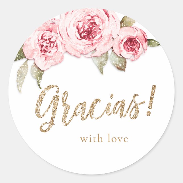Sparkle gold glitter and pink floral gracias favou classic round sticker (Front)