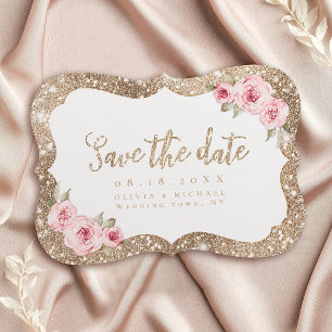 Sparkle gold glitter and pink floral Save The Date