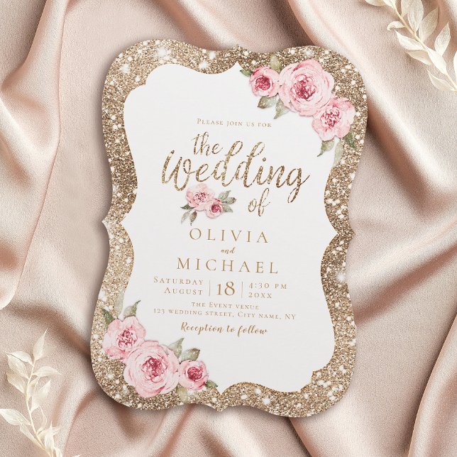 Sparkle gold glitter and pink floral wedding invitation (Sparkle gold glitter and pink floral wedding invitation)