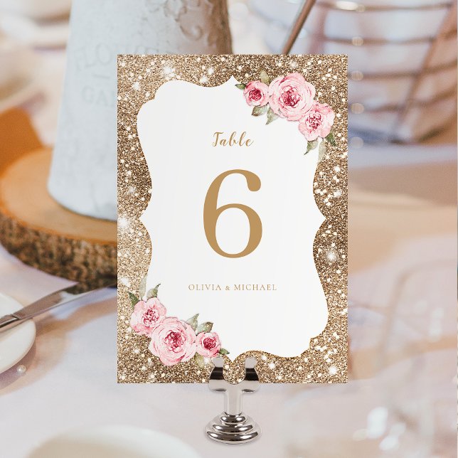 Sparkle gold glitter and pink floral Wedding Table Number (Sparkle gold glitter and pink floral Wedding Table Number card)