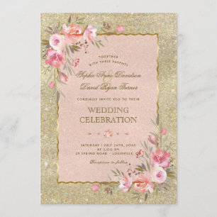 Sparkle Gold Glitter Blush Flowers Wedding Invitation