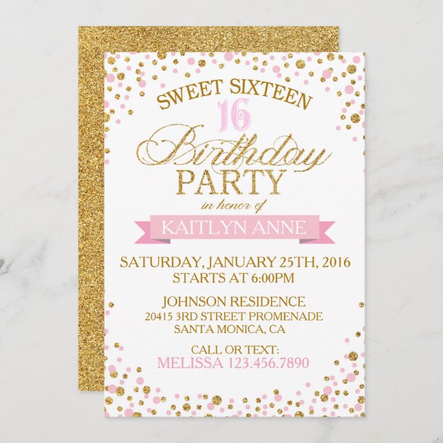 Sparkle Gold Glitter Dots Sweet Sixteen Birthday Invitation (Front/Back)
