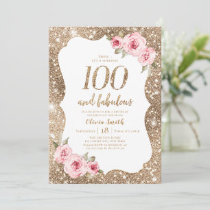 Sparkle gold glitter & pink floral 100th Birthday Invitation