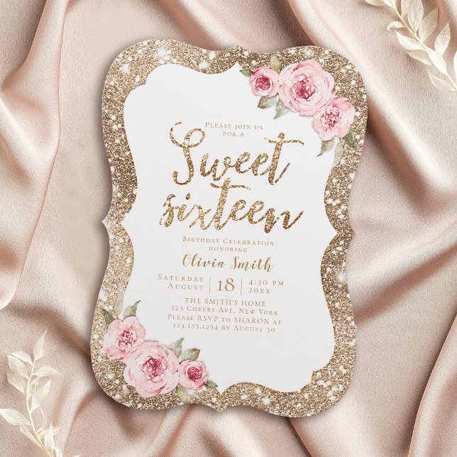 Sparkle gold glitter pink floral sweet 16 birthday invitation (Sparkle gold glitter pink floral sweet 16 birthday invitation)