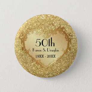Sparkle Gold Heart 50th Wedding Anniversary 6 Cm Round Badge