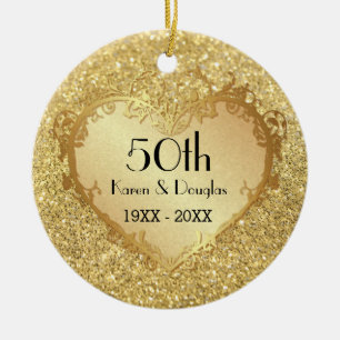Sparkle Gold Heart 50th Wedding Anniversary Ceramic Tree Decoration