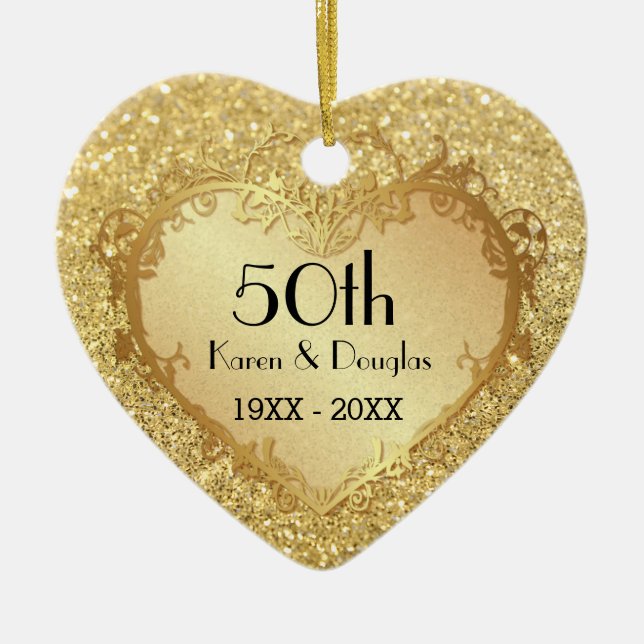 Sparkle Gold Heart 50th Wedding Anniversary Ceramic Tree Decoration (Front)
