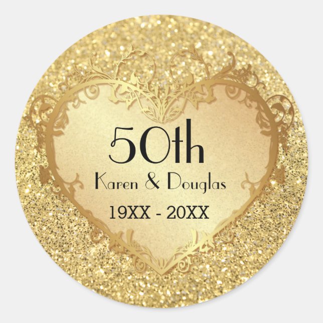 Sparkle Gold Heart 50th Wedding Anniversary Classic Round Sticker (Front)