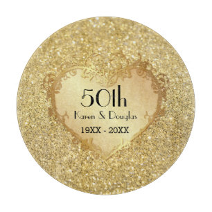 Sparkle Gold Heart 50th Wedding Anniversary Cutting Board