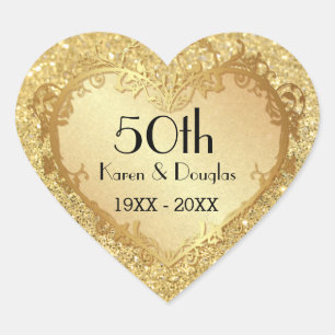 Sparkle Gold Heart 50th Wedding Anniversary Heart Sticker
