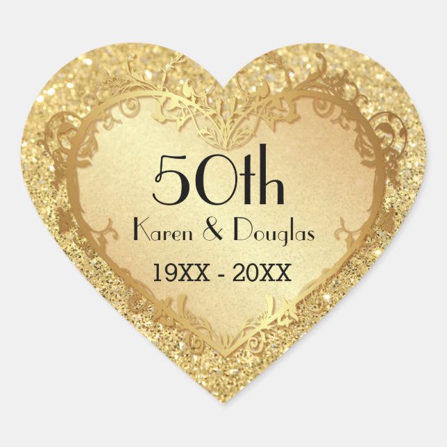 Sparkle Gold Heart 50th Wedding Anniversary Heart Sticker (Front)