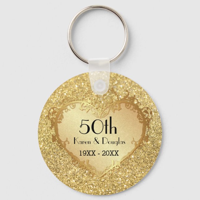 Sparkle Gold Heart 50th Wedding Anniversary Key Ring (Front)