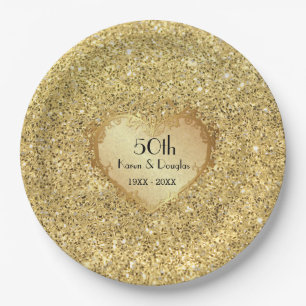 Sparkle Gold Heart 50th Wedding Anniversary Paper Plate