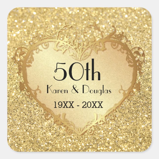 Sparkle Gold Heart 50th Wedding Anniversary Square Sticker (Front)
