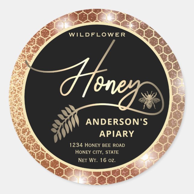 Sparkle gold honeybee honey branch jar classic round sticker (Front)