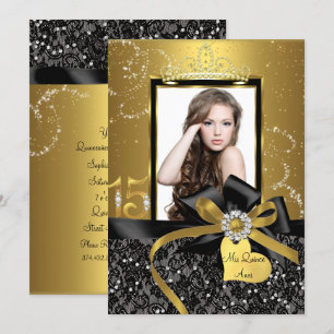 Sparkle Gold Lace & Bow Photo Quinceanera Invitation