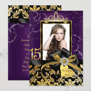 Sparkle Gold Purple Damask & Bow Photo Quinceanera Invitation
