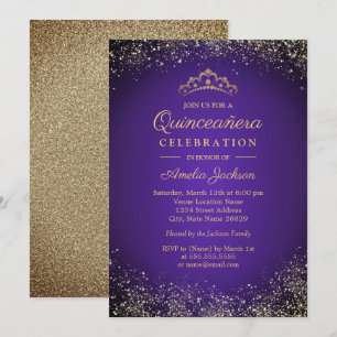 Sparkle Gold Purple Glitter Quinceanera 15th Invitation