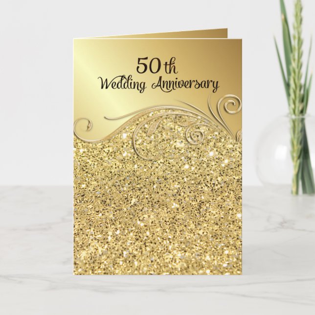 Sparkle Golden 50th Wedding Anniversary Folded Invitation (Front)