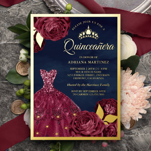 Sparkle Gown Burgundy Floral Navy Quinceanera Gold