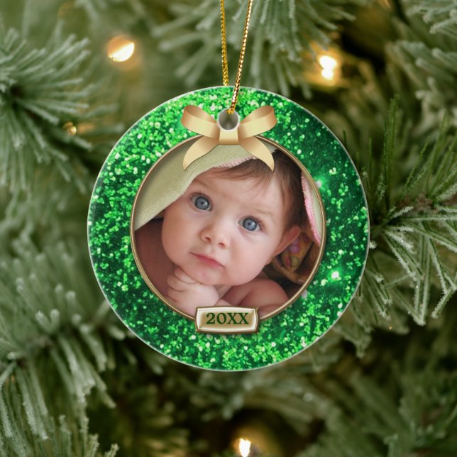 Sparkle Green/Gold Bow Photo Ceramic Tree Decoration (Tree)