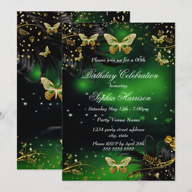 Sparkle Green Gold Butterfly Birthday party Invitation (Front/Back)