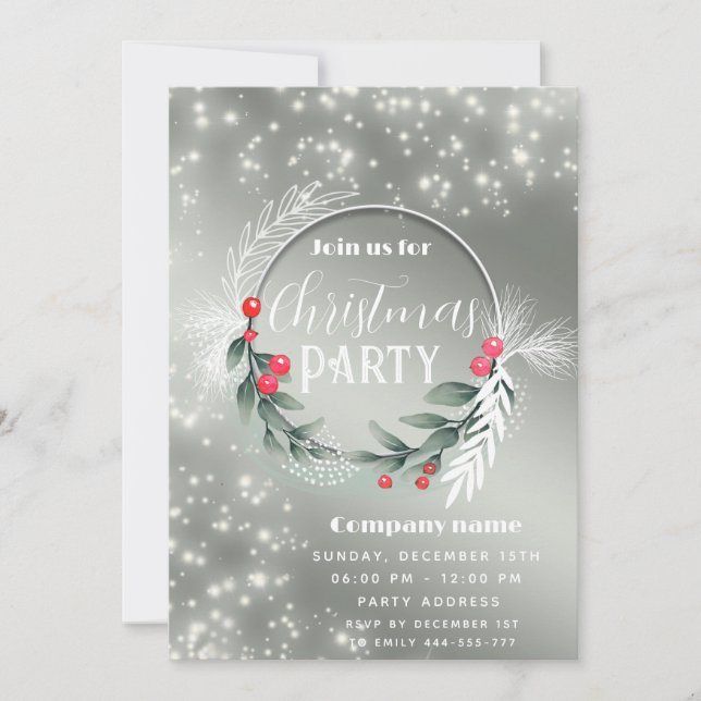 Sparkle greenery wreath corporate Christmas  Invitation (Front)